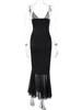 Casual Dresses Elegant Sexig V-ringad spets lapptäcke Satin Mesh Slip Dress 2024 Kvinnors ärmlösa höga midja rygglösa ruffles Long Party