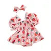 Girl Dresses Infant Toddler Baby Outfit Fruit Strap Sets Short Sleeve Romper Dress With Bow Headband 2pcs Clothing