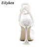 Eilyken Vrouwen Sandalen 2024 Zomer Sexy Perspex Kristal Hoge Hakken Party Bruiloft Schoenen Vierkante Neus Parels String Strik Pompen 240118