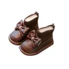 Boots Girls Bowtie Ankle Pu Knit Splicing Baby Kid Shoes 2024 Autumn For Children Leather Hoop & Loop Boot Black Brown 23-34