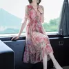 Party Dresses 2024 Pink Floral Natural Silk Butterfly Sleeve Midi Dress Women Boho Fashion Light Beach Summer Korean Elegant