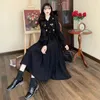 Casual klänningar koreanska blomma broderier lösa damer a-line bodycon höst svart lång ärm corduroy maxi klänning kvinnor vestidos