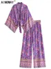 Женские брюки из двух предметов, винтажные шикарные женские фиолетовые наряды с цветочным принтом, короткое кимоно, халат, богемные костюмы, широкие штаны, комплекты из 2 предметов из искусственного шелка в стиле бохо