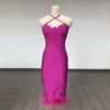 Casual Kleider Lila Farbe Frauen Sexy Halter Weg Von Der Schulter Bodycon Midi Verband Federn Kleid Feiern Nachtclub Party Geburtstag