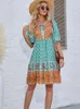 Party Dresses Fashion Vintage Bohemian Dress for Women Summer Elegant Printed Swing Female Green Casual Vacation Beach Short