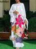 Kobiety Vonda Summer Party Sukienka Vintage Floral Printed Casual Loose Bohemian Beach Sundress Long Rękaw Satin Maxi Vestidos 240131