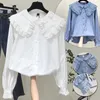 Femmes Chic col claudine chemises Style coréen fille à la mode mignon doux volants Lolita dentelle Blouse Kawaii belle quotidien Streetwear 240202