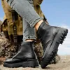 Botas de couro genuíno de fundo grosso homens resistentes ao desgaste designer lace-up moda antiderrapante mid-top sapato oxford preto