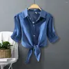 Blouses Femmes Femmes Automne Printemps Chemise Trois Quarts Manches Simple Boutonnage À Lacets Noeud Revers Lâche Couleur Unie Casual OL Commute Blouse