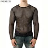 MENS Transparent Sexy Mesh T Shirt Dostrzegaj przez Fishnet długoterminowe mięśnie