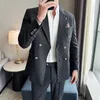 JacketPants 2 조각 블루 살구 비즈니스 파티 남자 정장 더블 가슴 형식 스타일 맞춤형 결혼식 신랑 턱시도 240125