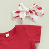 Conjuntos de ropa Día de San Valentín Conjunto de ropa para niñas de color sólido Camisetas con cuello redondo Estampado de corazón Pantalones cortos con tirantes Diadema Traje de 3 piezas