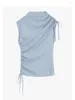 Women's Blouses French Elegance Blue Women Sexy Simple Half High Collar Top Off Shoulder Basic Casual Striped Crops Lace Up Coquette