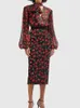 Work Dresses Retro Fashion Printed Scarf Collar Long Sleeve Blouse High Waist Slim Hip Overskirt Spring And Summer Ladies Two-piece Suit.