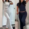 Kadınlar İki Parçalı Pantolon Y2K 2 Lounge Setleri Katlama Parlama Seti Uzun Kollu Kırpılmış Üst Kıyafet Kıyafetleri Pijama İnce Fit Maç Takım