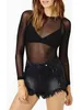 Blouses pour femmes 2024 printemps et automne noir Transparent maille bas chemise à manches longues Sexy Perspective mince Super élastique