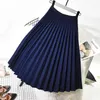 Skirts Elegant Dark Blue Pleated Mid-length Skirt Women Autumn And Winter High Elasticity Waist Office Ladies Slim Casual Working