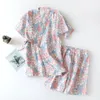 Mulheres sleepwear japonês manga curta shorts mulheres pijamas gaze algodão quimono doce decote em v pijamas conjuntos roupão de banho
