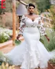 2024 Arabe Aso Ebi Plus taille en dentelle blanche Robe de mariée sienne couche à manches longues robes de mariée Robes ZJ505