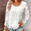 Damesblouses Dames Effen kleur Tops Stijlvolle kanten blouse met lange mouwen O-hals Trui Modieus streetwear T-shirt voor dames