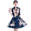 Etnisk kläder Navy Blue Novel Lady Brodery Flower Kinesiska spetsklänningar Elegant Mandarin Collar Qipao Kort A-Line Wedding Party Gown