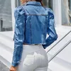 Damenjacken Kurze Jeansjacke Puffärmel mit Knopftasche Blau Retro Herbst und Winter Streetwear Zerrissene Jeans