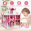 Criança brinquedos bonecas para casa meninas com 3 histórias princesa quarto móveis pp mansão playhouse criança pequena casa de bonecas 240123