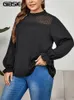 Gibsie plus size svart frill nackkontrast mesh nyckelhål bakblus kvinnor vår höst elegant långärmad arbetskontorskjorta toppar 240202