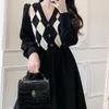 HOUZHOU Women Winter Dress Elegant Knitted Dress Black Vintage Plaid V-neck Midi Dresses Long Red Korean Style Female 240122