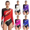 Sahne Wear Womens Renk Blok Dans Tenararı Sparkly Rhinestone Kesme Geri Uzun Kollu Bodysuit Jimnastics Pating Performans Kostüm