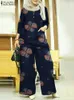 Ethnic Clothing ZANZEA Women Vintage Tracksuit Summer 3/4 Sleeve Blouse Pants Sets 2PCS Floral Printed Matching Casual Loose Muslim Suits