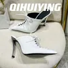 Chinelos Qihuiying Handmade Genuíno Couro Lace-Up Pointed-Toe Salto Alto Stilettos Mulher Street Style Mules Night Club Feminino