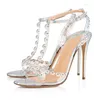 Dress Shoes Multi-color Beaded Clear PVC T Strap High Heel Sandals Sexy Plaide Printed Leather Ankle Gladiator Heels Banquet