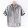 Men's Casual Shirts Summer Loose Fashion Versatile Linen Pullover Shirt Solid Color Polo Collar Retro Youth Large Half Sleeve