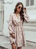 Casual Dresses Miss Petal Plunge Neck A-Line Mini Dress for Woman Ditsy Floral Sexig långärmad fest 2024 Spring Autumn Female Sundress