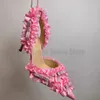 Strass arco renda rosa cetim sandálias de salto alto para mulheres dedo do pé apontado único sapatos sexy rendas bombas decorativas senhoras sapatos 240129