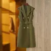 Casual Dresses British Style Vintage Designing Army Green Women Summer Tank Blazer Dress with Belt Sleeveless Quality Retro Female