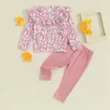 Clothing Sets Toddler Girl Spring Fall Clothes Ruffled Flower Print Long Sleeve Pullover With Solid Color Pants 2 Pcs Outfit