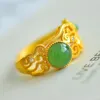 Küme Yüzük Yeşil Yeşim Zirkon Hollow Ring 925 STERLING Gümüş Nefrit Hetian Jades Elmas Zarif Desenler Altın Ayarlanabilir Kadınlar