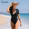 Women's Swimwear SEASELFIE Rashguard Mesh Short Sleeve One-piece Swimsuit For Women Sexy V-neck Wrap Monokini 2024 Beach Bathing Suit