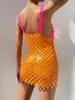 Sahne Giyim Seksi Vücut Takı Zinciri Pembe Portakal Seats V Yez Sling Mini Elbise Kadınlar Plaj Bar Kulübü Partisi Festival Kostüm