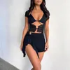 Röcke Y2K Damen 2-teilig Sommer-Sets Outfits Sexy Lace Up Kurzarm Hohl Crop Tops Mini Bodycon Rock Set Streetwear