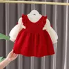 Kız Elbiseler 2024 Kış Bebek Kızlar Kalın Sıcak Giysiler Kıyafetler Toddler T-Shirt Strap Elbise Noel Doğum Giysileri Setleri