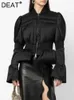 DEAT Fashion Women's Cotton-padded Coat Stand Neck Flare Sleeves Zip Waist Black Quilting Short Jackets Winter 2024 7AB299 240124