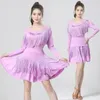 Stage Wear Latin Dance Costume Women's Professional Competition Square Tassel Long Sleeve Modern Training Suit TShirt Skirt Set