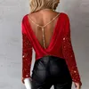 Women's Blouses Chic O-Neck Long Sleeve Temperament Pullover Sexy Sequin Spliced Halter Top Elegant Solid High Street Commuter