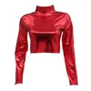 Kvinnor Bluses Women Party Top Glossy Faux Leather Half-High Collar Crop för nattklubbens scenutställning T-shirt med lång ärm