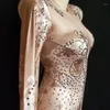 Scenkläder Wome Sexig Tassel Pink Long Dress Sparkly Rhinestones Women Evening Party Costume Nightclub Singer Performance