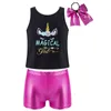 Stage Wear 3pcs enfants filles ballet danse tenues costumes de fête dessin animé cheval imprimé gilet avec short brillant et bandeau vêtements de danse