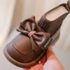 Boots Girls Bowtie Ankle Pu Knit Splicing Baby Kid Shoes 2024 Autumn For Children Leather Hoop & Loop Boot Black Brown 23-34